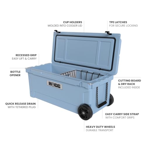 Hogg Rotomolded Coolers, Ice Chest with Wheels, Wheeled Cooler, Rotomolded Ice Chest, Dry Storage, Fishing and Camping Items, Birthday Gifts for Men - color: Clear Sky, size: 110qt