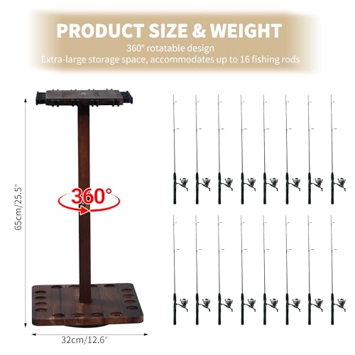 360° Rotating Fishing Rod Holder, Natural Wooden Fishing Pole Rack Stores 16 Rods, Floor-Standing Fishing Rod Storage Organizer with Rounded Clips for Garage, Basement, or Shed, Easy to Install - size: Square