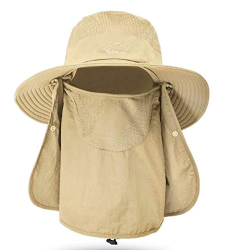 Fishing Hat for Men & Women, Outdoor UV Sun Protection Wide Brim Hat with Face Cover & Neck Flap - color: Khaki