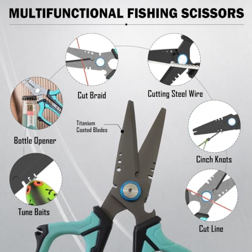 Eupheng 6.5" Pro Multifunction Fishing Scissors for Braided Line Mono Fluorocarbon wire lines,Dual Serrated Titanium Blades Non-Slip Grip Fishing Shears Enlarged Finger Holes with Bottle Opener - style: 6.5in Red Scissors