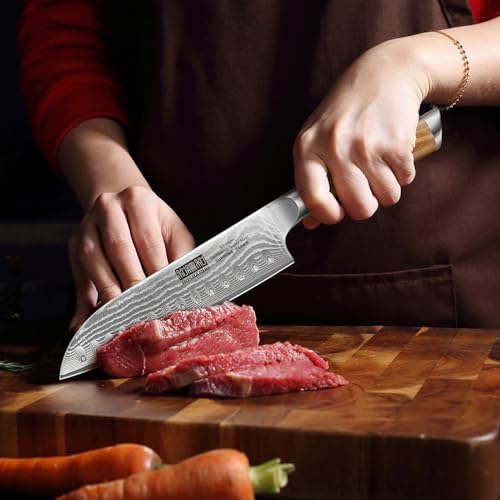 HOSHANHO Damascus Santoku Knife 7 Inch, Professional Japanese Damascus Super Steel Kitchen Knife, Sharp Cooking Knife with Durable Ergonomic Olive Wood Handle - style: 7.1 Inch Santoku Knife