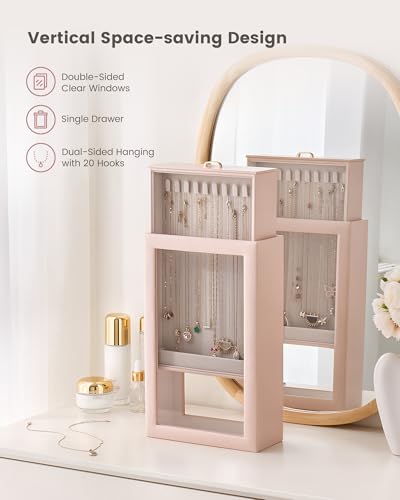 Lolalet Upgraded Double-Sided Hanging Necklace Organizer Box, Jewelry Display Case with Double-Sided Clear Window for Necklaces Bracelets, Tangle-Free Necklace Storage Box, Pink, 1-Layer 20 Hooks - color: Pink, size: 1-Layer, 20 Hooks