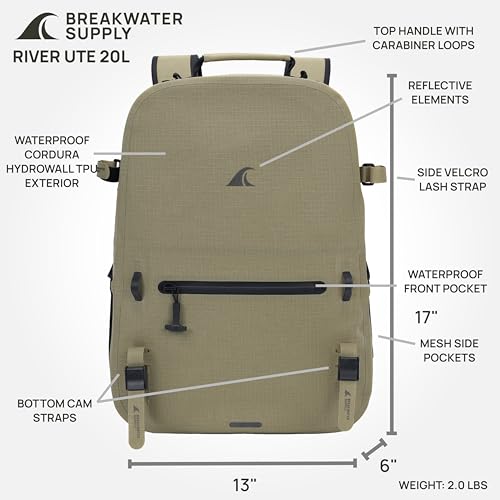 Breakwater Supply™ River Ute Waterproof IP68 Hunting Backpack, Floating TPU Submersible Dry Bag with Padded Hip Belt and Airtight Zippers | 20L (River Ute 20L CORDURA Safari Tan) - color: River Ute 20l Cordura Safari Tan