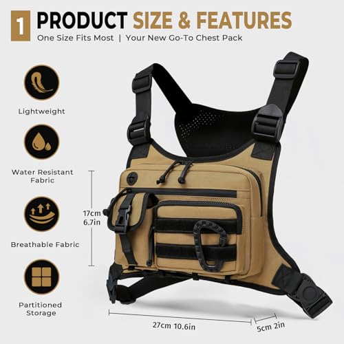 Muserise Outdoor Chest Bag For Men and Women, Tactical Vest For Running, Cycling, EDC Chest Pack Rig For Sports and Workouts - color: Khaki