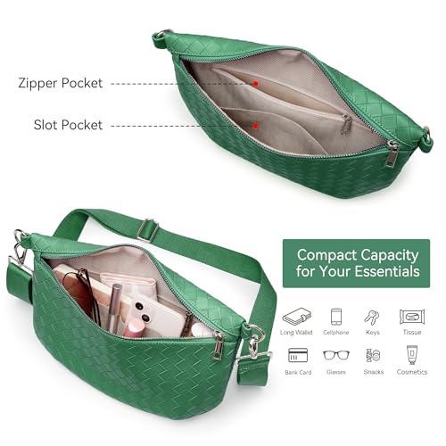 KALIDI Woven Crossbody Bags for Women Travel Vegan Leather Fanny Packs for Woman Cross Body Purse Fashion Belt Bum Bag with Wide Strap - color: Forest Green