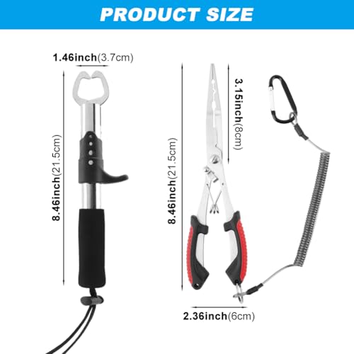 Stainless Steel Fishing Pliers and Fish Gripper Set with Sheath & Lanyard - Multifunctional Fishing Tool Kit for Saltwater Freshwater, Hook Remover, Line Cutter, Crimping - color: Red
