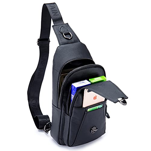 Hebetag Leather Sling Bag Crossbody Backpack for Men Women Outdoor Travel Work Shoulder Chest Pouch Camping Casual Daypack Black 18cm(W) x8cm(D) x30cm(H)(7.08"x3.14"x11.81") approx; - color: #08black