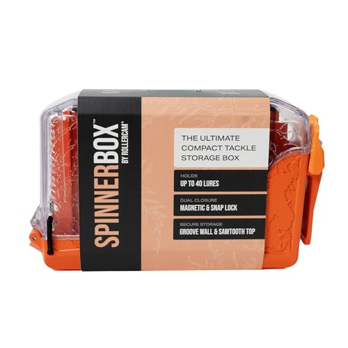 Rollercam SpinnerBox Compact tackle storage box – Holds Up to 40 Lures – Magnetic + Snap Lock – Clear Lid tackle box organizer for Spinners, Spoons & Small Baits – Durable small tackle box for Fishing - color: High-visibility Orange