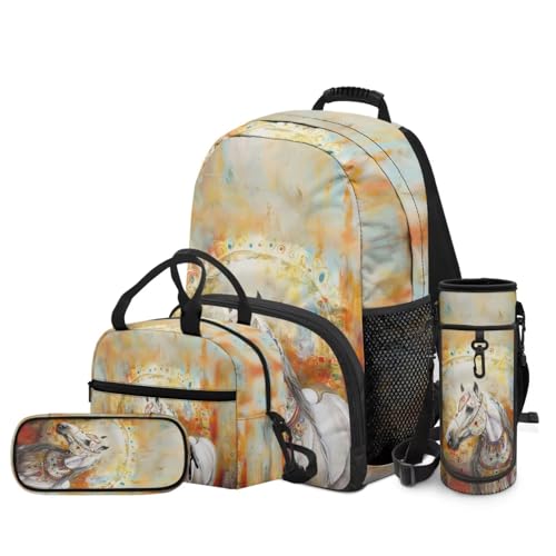 Horse Backpack for Kids Boys Preschool Elementary Backpacks with Reusable Lunch Bag Pencil Case Pouch Water Bottle Carrier Bag 4 PCS Set - color: Horse