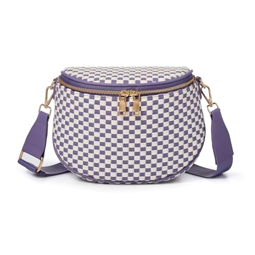 Woven Vegan leather Crossbody Bags For Women, Checkered Fashion PU Bum Bag Waist Pack, Travel Sling Purse with Adjustable Strap（Cloudy Purple) - color: White and Cloudy Purple