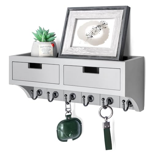 Rebee Vision Key Holder Wall Mount with 2 Drawer Organizer : Mail Organizer for Wall with 6 Key Hooks & Shelf - Stylish Apartment Essentials for Aesthetic Room Decor (Light Gray) - color: Gray, style: 2-Drawer