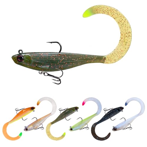Pre-Rigged Soft Fishing Lures with Weedless Hook, Lifelike Paddle Tail Swimbaits for Bass Fishing, Freshwater & Saltwater Curly Type Tail Soft Plastic Baits for Bass, Pike, Trout, and Walleye. - color: B1-3"-0.31oz