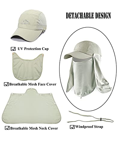 Outdoor Sun Hat for Men Women UPF 50+ Fishing UV Hat with Neck Flap Face Cover for Sun Protection - color: Khaki-regular Brim