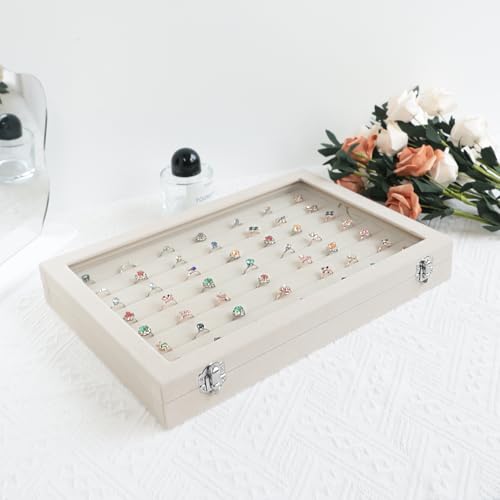 Wudygirl Ring Display with Clear Lid Organizer and Showcase Rings Box with 7 Slots Jewelry Tray for Drawer Velvet Rings Holder Accessories Storage (Beige Velvet) - color: Beige, size: Ring