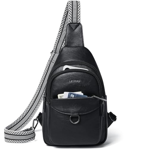 LATMAP 7L Sling Bag for Women Men Crossbody Belt Bag Small Travel Sling Backpack Anti Theft Chest Daypack Purse Faux Leather - color: Black