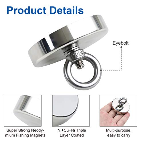 DIYMAG 2Pack 270 lbs(123 KG) Pulling Force Powerful Fishing Magnets,with Countersunk Hole Eyebolt, Diameter 1.88 inch(48 mm), for Retrieving in River and Magnetic Fishing - size: 48mm 2p