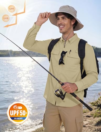 MAGCOMSEN Men's Sun Protection Fishing Shirts Long Sleeve UPF 50+ Quick Dry Cooling Button Down Shirt for Hiking Safari - color: Light Khaki, size: XX-Large