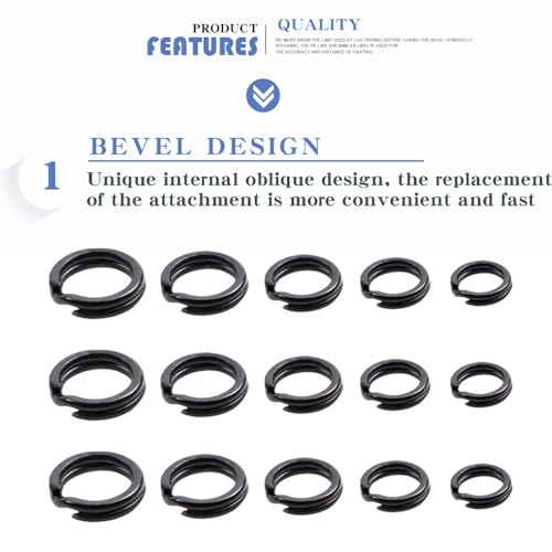 200PCS Heavy Duty Stainless Steel Split Rings, Double Fishing Lure Rings, 5 Sizes 5.4-8.4mm, 40-150LB (Black) - color: Black