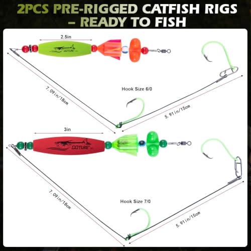 Goture Catfish Rig Making Kit,274pcs/300pcs Catfishing Tackle with Luminous Fishing Hook Swivel Sinker Weights Rattle Float Bobber Stoppers,Catfish Rigs Accessories with 3600 Tackle Box,Gifts for Men - color: B1:274pcs-2pcs Pre-rigged Catfish Rigs&Tackle