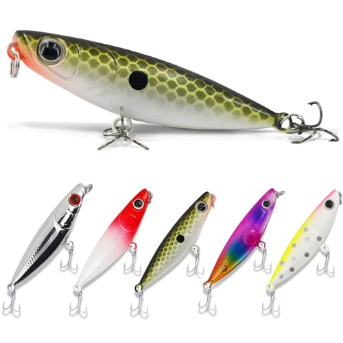 3D Lifelike Fishing Lures with Zigzag Action – Topwater Hard Bait Jigs for Bass, Trout, Walleye, Pike, Salmon – 5 Pc, High Carbon Steel Treble Hooks, Fresh/Saltwater