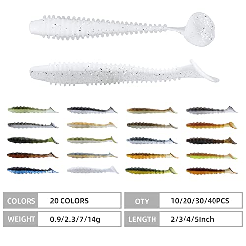 RUNCL Swimbaits Paddle 10/20/30/40PCS, 5/4/3/2 Inchs Paddle Tail, Soft Lure for Trout Crappie Bass, Durable Plastic Bait Swimmer for Saltwater/Freshwater, Fishing Lover's Gift - color: White Pearl, size: 4in, 20pcs