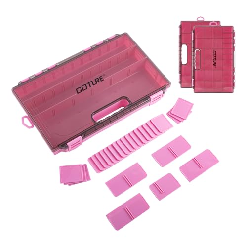 Goture Fishing Tackle Box Organizer - Transparent Fishing Organizer Box w/Measurement Ruler, Adjustable Dividers, Dual Latches | 2 Pcs 3600 Tackle Tray| Ergonomic Grip - color: C - Pink/Handle, size: 2pcs 3700