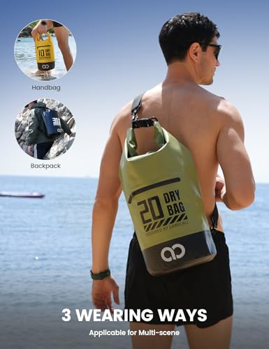 Lamicall Waterproof Dry Bag with Phone Pouch - 5L/10L/20L/30L/40L Floating Roll Top Backpack for Kayaking Boating Beach Camping Fishing - Heavy Duty 500D PVC Marine Dry Sack for Men, Women, Green 20L - color: Olive Green, size: 20L