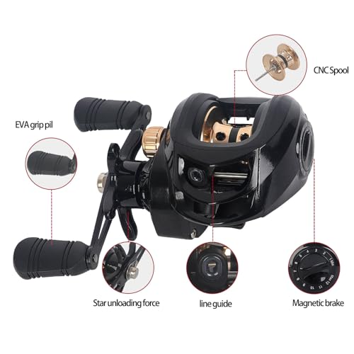 Baitcasting Reel,Carbon Fiber Drag Fishing Baitcaster Reels, Bait Cast Reel With 7.2:1 Gear Ratio 10+1 Ball Bearings 17.6lbs Max Drag Right Hand，Fish Gift For Man - color: HEIJIN