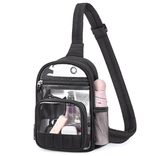 Missnine Clear Bag for Stadium Events Puffy Quilted Crossbody Purse PVC Sling Backpack for Sport Concert with Side Pocket - color: F-black[quilted Design]