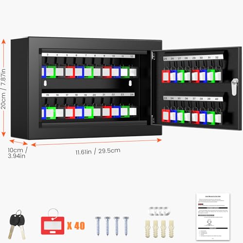 Nebakne 40 Keys Key Cabinet, Anti-Theft Key Lock Box with Key Tags, Adjustable Key Organizer Wall Safe for Office House Rental Business - color: Black, size: 11.61 inches x 7.87 inches x 3.94 inches