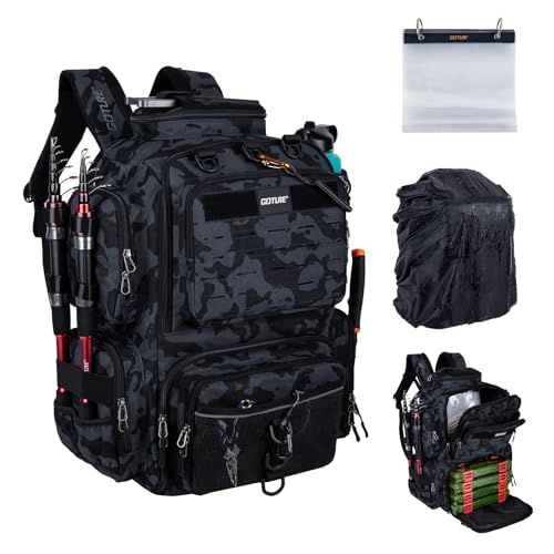 Goture Fishing Backpack,900D Water-Resistant Tackle Backpack with Rod Holders, SBS Zippers,45L Large Fishing Bag Storage Gear Tackle Bag with Rain Cover, Bottle Holder for Travel Camping Hiking - color: A1:60# Camo(Only Bag), size: Without Tackle Boxes