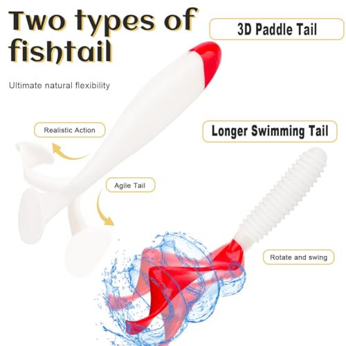 30pcs Soft Plastic Fishing Lures Paddle Tail Swimbaits Soft Baits Lure for Bass Crappie Trout Shad Freshwater Saltwater Fishing Mixed 3.5 Inch 4.7 Inch Swim Bait Kit with Box - color: White, Red