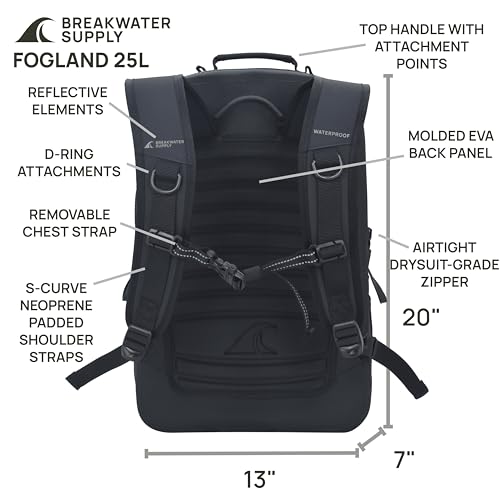 Breakwater Supply™ Fogland Waterproof IP68 Submersible Backpack | Laptop Sleeve & Airtight Zippers for Outdoors, Travel, Boating, Kayaking, Surfing, Floating Dry Bag, Unisex, TPU (Stealth Black, 25L) - color: Stealth Black, size: 25L
