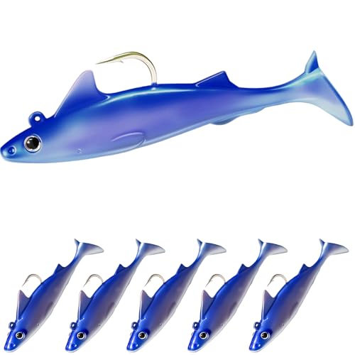 Pristis 6 pcs Sharkita Jig Head Soft Fishing Lures, Plastic Pre-Rigged Paddle Tail Shark Shad Swimbaits, Durable Sinking Worm Bait Set Gear Kit for Saltwater Freshwater Bass Crappie Walleye Trout - color: Spotless Smooth Hound