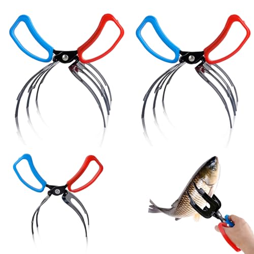 2PCS 3 Claw Fish Gripper and 1PCS 2 Claw Fishing Pliers,Upgrade Multifuctional Fish Grabber Tool,Fishing Pliers Kit for Most Freshwater Fish and Crabs(Blueish Red)