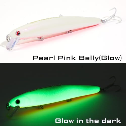LITTMA California Surf Fishing Lures Saltwater Jerkbait Crankbait Surf Minnow 110/125 - Metallic Sardine Super Glow & Pearl Pink Belly Glow Lures for Halibut & Striper Fishing - color: Pearl Pink Belly (Super Glow), size: 110mm - 5/8oz