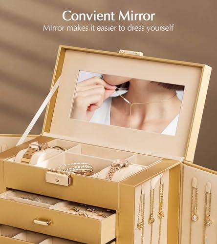 Homde Synthetic Leather Huge Jewelry Box Mirrored Watch Organizer Necklace Ring Earring Storage Lockable Gift Case (Gold) - color: Gold