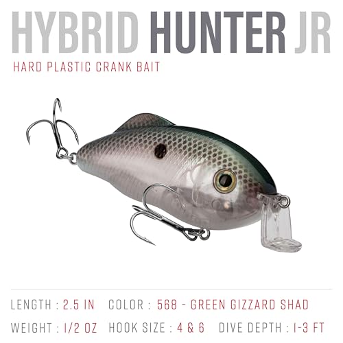 Strike King Hybrid Hunter Shallow Jr. Fishing Lure, Shallow Diving Crankbait, 90-Degree Bill, 3D Eyes, Loud Rattle, Dives 1 to 3-Feet,Size 4 & 6 Treble Hooks - color: Green Gizzard Shad, size: 1/2 oz