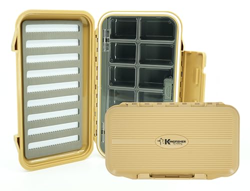 Kingfisher Large Waterproof 12 Compartment and Foam Fly Fishing Box - color: Tan
