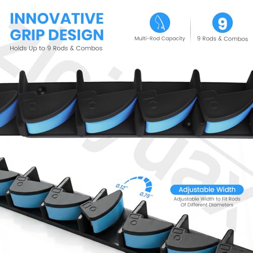 9-Rod Fishing Rod Holder Wall Mounted, Fishing Pole Holders Rack Holds Up to 9 Rods or Combos, Vertical Fishing Rod Rack Storage for Garage, Space Saving Rod Holder for Home, Shed, Basement
