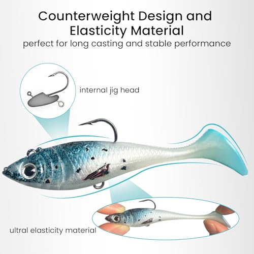 Pristis Jig Head Fishing Lures for Freshwater Saltwater, Weedless Swim Jig Teasers with Sharp Hooks & Exquisite Coating, Pre-Rigged Vibrating Swimbaits Kit Gear for Bass Crappie Walleye Trout Pike - color: 6 pcs Paddle Tail Soft Lures