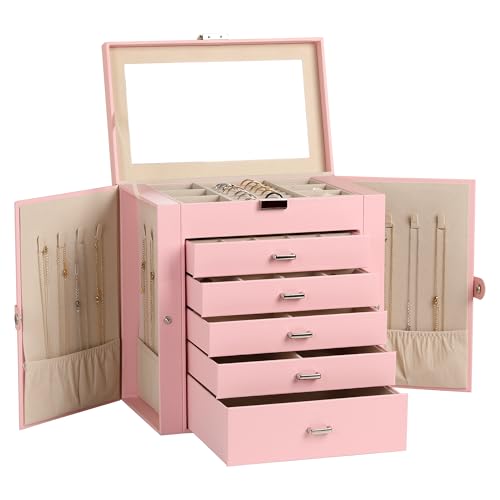 Frebeauty Large Jewelry Box,6-Tier PU Leather Jewelry Organizer,Multi-functional Storage Case with Mirror,Accessories Holder with 5 Drawers for Necklace Bracelets Watches(Pink) - color: Pink, size: Large