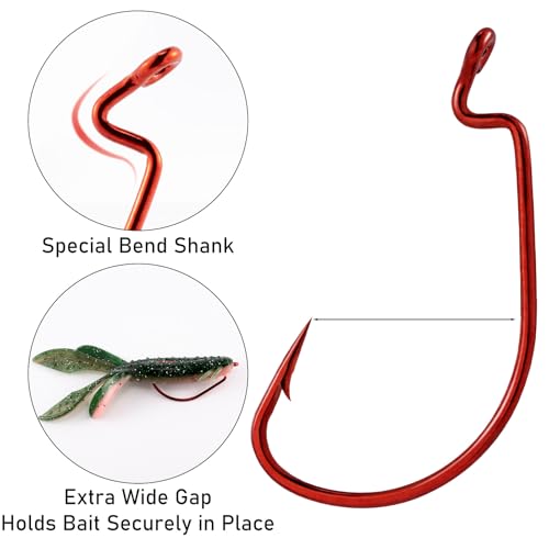 Dr.Fish EWG Hooks Bass Fishing Worm Hooks Extra Wide Gap Freshwater Fishing Carolina/Texas Rig - color: Red, size: #2-50 Pack