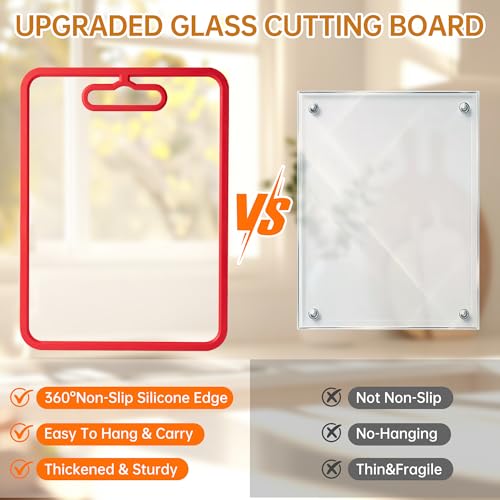 2Pcs Red Glass Cutting Board for Kitchen, Tempered Glass Chopping Board with Non-Slip Edges, Dishwasher Safe Clear Cutting Board Set, Heat & Shatter Resistant, 15"×11" & 13"×9"
