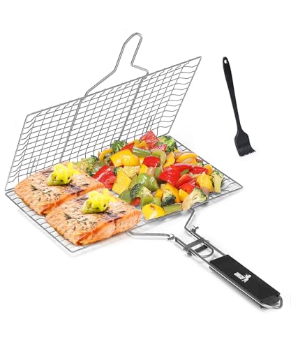 UNCO- BBQ Grill Basket, Folding Stainless Steel Portable BBQ Grill Basket | with Removable Wooden Handle & Basting Brush for Vegetables, Shrimp, Fish, Locking Grilling Basket for Outdoor, Camping - color: Silver