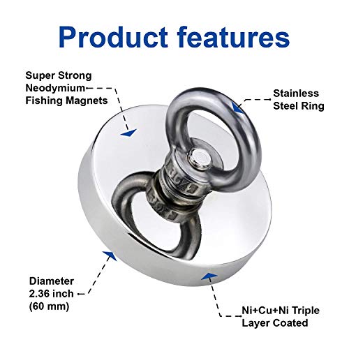 DIYMAG Super Strong Neodymium Fishing Magnets, 500 LBS(227 KG) Pulling Force Rare Earth Magnet with Countersunk Hole Eyebolt Diameter 2.36 in(60mm) for Retrieving in River and Magnetic Fishing - size: 60mm