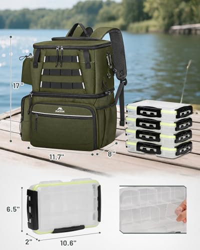 MATEIN Fishing Backpack with 4 Tackle Boxes, Fishing Bag with Rod Holder & Safety Compass & Cooler, Gifts for Fishermen - color: Olive Green