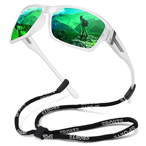 STORYCOAST Polarized Sports Sunglasses for Men Women Unbreakable Frame Cycling Fishing Driving - color: Matte Clear Frame-green Mirror Lens