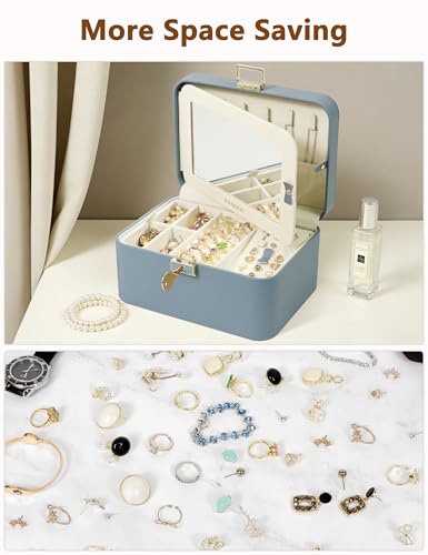 KAMIER Jewelry Organizer Box, 2 Layers PU Leather, Large Capacity, Double Lock and Large Mirror, Hidden Necklace Hooks, Removable Dividers, Gift Box Packaging,Bluish Grey - color: Bluish Grey, size: mirror