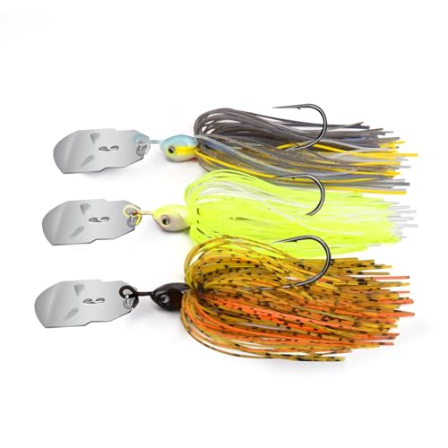 MadBite by KastKing Bladed Jig Fishing Lures, Multi-Color Kits, Irresistible Vibrating Action, Sticky-Sharp Heavy-Wire Needle Point Hooks, Popular 3/8 oz and 1/2 oz Sizes, Includes Storage Box - color: B: 3 Pack (3/8oz) - Clear Water